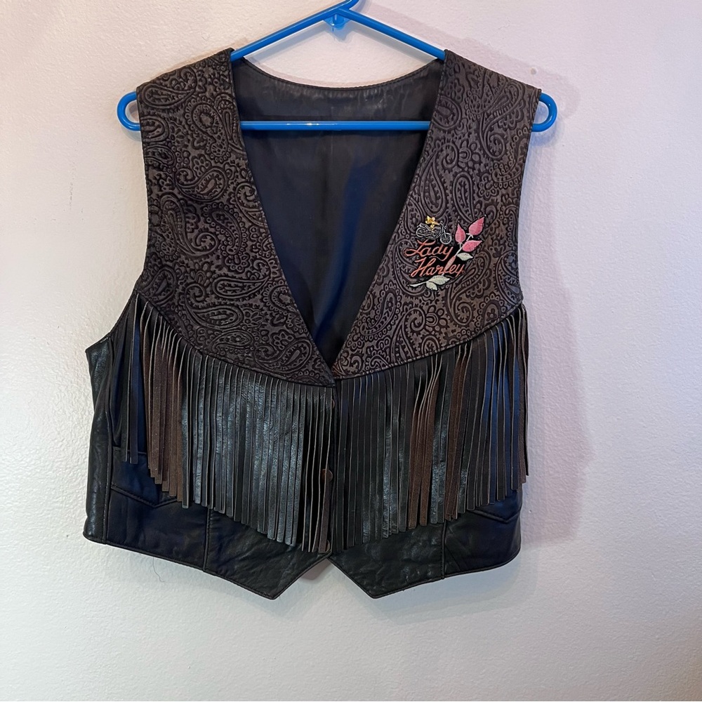 Vintage Leathers Lady Harley Patch Black Brown Leather Vest Fringe & Biker Pin